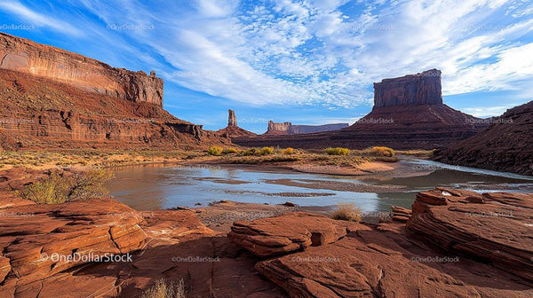 Stunning Canyon with Red Rocks and Serene River Bend