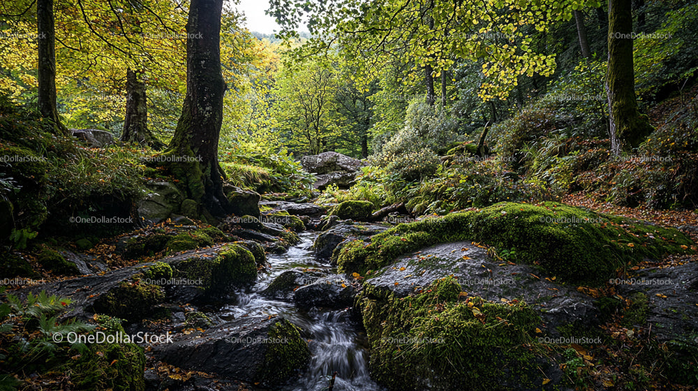 Tranquil Forest Stream with Moss-covered Rocks