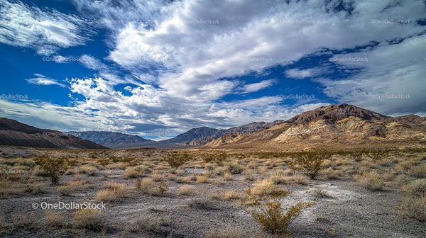 Vast Desert Scene with Rugged Mountains and Expansive Sky