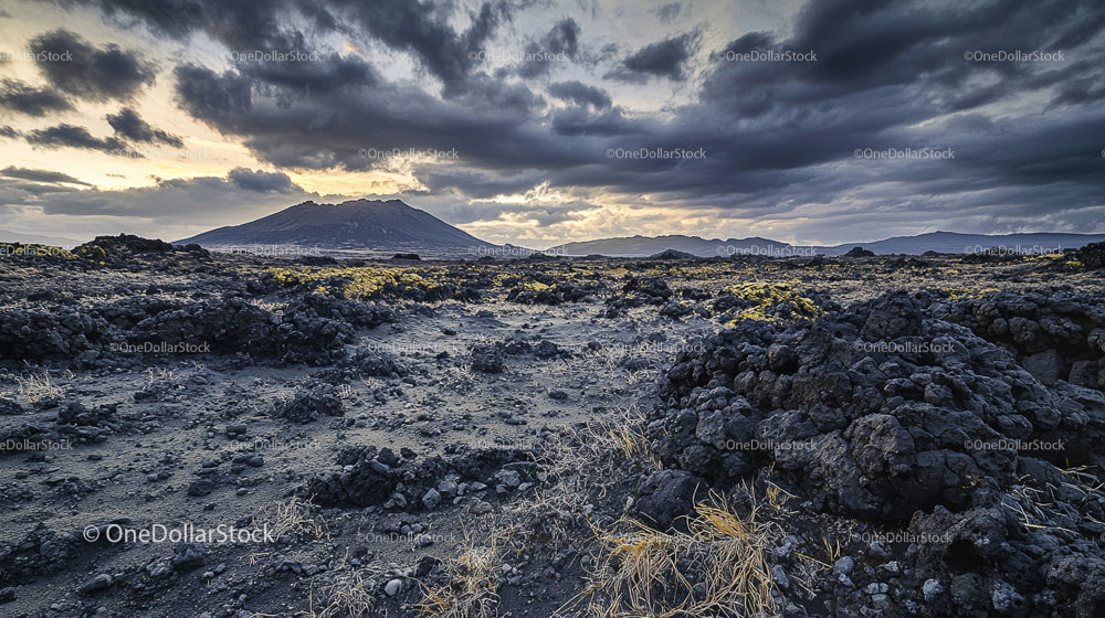 Dramatic Volcanic Landscape with Stormy Sky