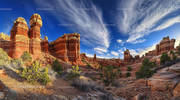 Stunning Red Rock Formations Under a Blue Sky in Desert Canyon
