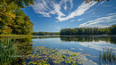 Serene Lake with Lush Forest and Blue Sky Reflections