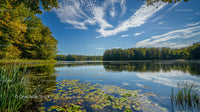 Serene Lake with Lush Forest and Blue Sky Reflections