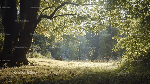 Sunlit Forest Clearing with Lush Greenery and Morning Light
