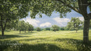 Tranquil Green Meadow with Lush Trees Under Blue Sky