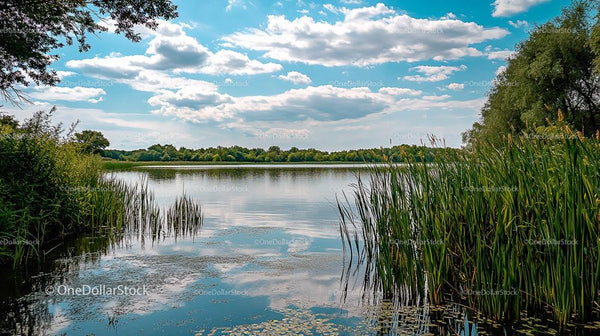 Serene Lake with Reflective Waters and Lush Green Reeds