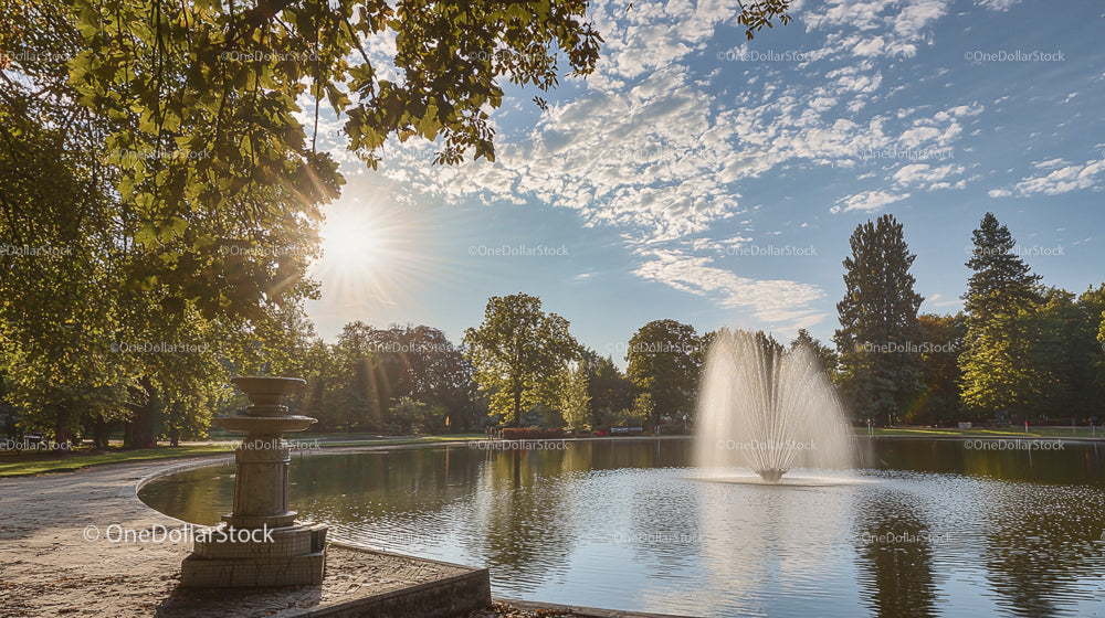Słoneczny Park z Fontanną i Bujną Zielenią w Spokojny Dzień