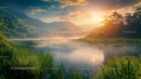Serene Lake Landscape with Morning Mist and Sunrise