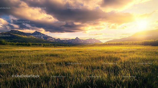 Majestic Mountain Landscape at Sunset with Grassy Fields