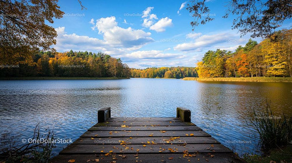 Autumn Lake View with Wooden Pier and Forest Reflections