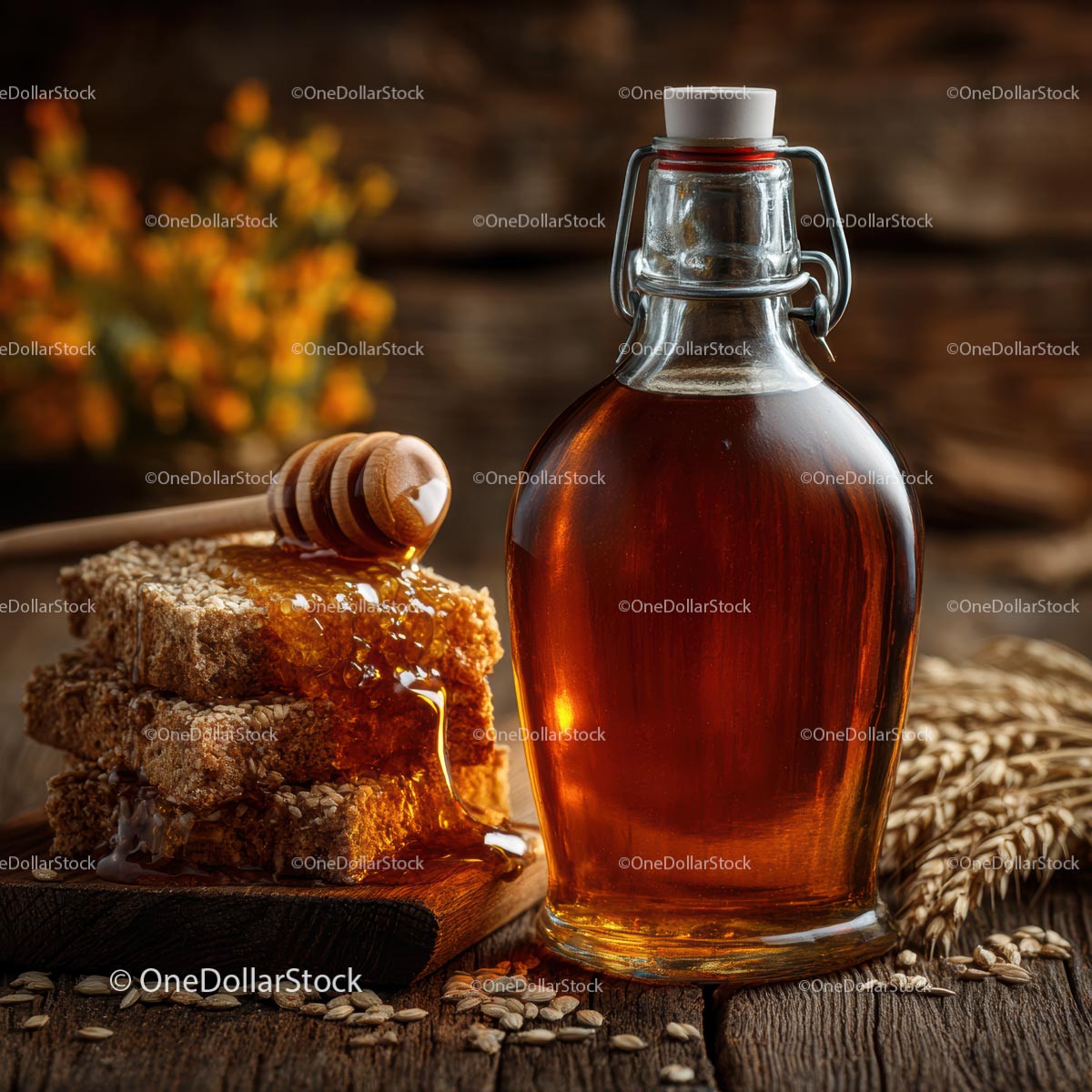 Rustic Honey Breakfast with Glass Bottle on Wooden Table