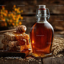 Rustic Honey Breakfast with Glass Bottle on Wooden Table