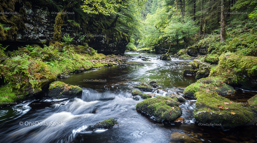 Tranquil Forest Stream with Mossy Rocks and Lush Greenery
