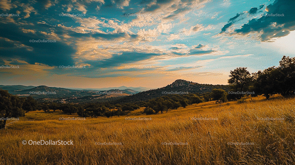 Golden Fields and Dramatic Sky at Sunset Over Rolling Hills