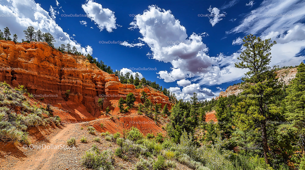 Red Sandstone Canyon with Lush Greenery and Dramatic Sky