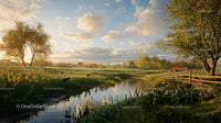 Idyllic Spring Meadow with Serene Creek and Blossoming Trees