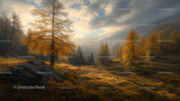 Golden Larches in Misty Mountain Landscape at Sunrise