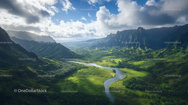 Scenic Aerial View of Lush Green Valley with River