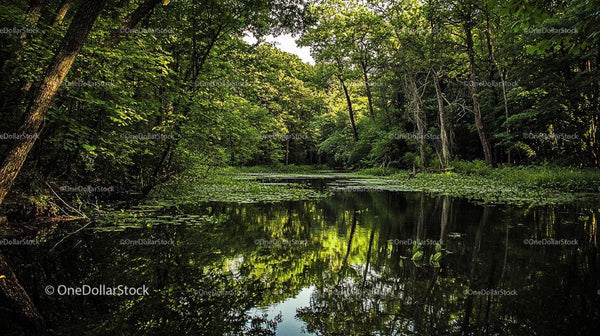 Tranquil Forest Pond Surrounded by Lush Greenery