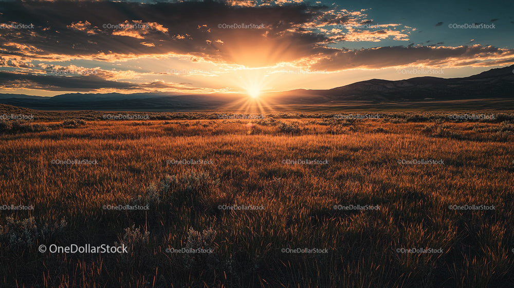 Sunset Over a Tranquil Golden Grassland Horizon