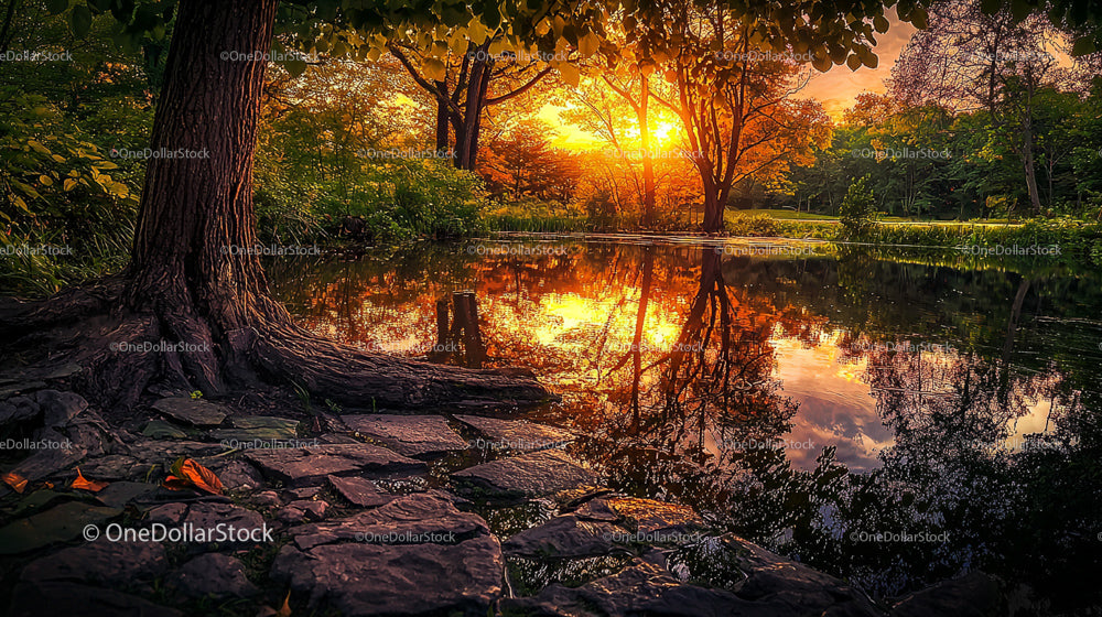 Sunset Reflections Over a Serene Lake Amidst Autumn Trees