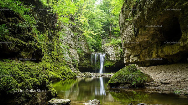 Tranquil Waterfall in a Lush Green Forest Canyon