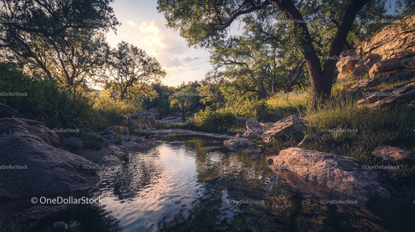Sunlit Stream Flowing Through a Lush Forest Landscape