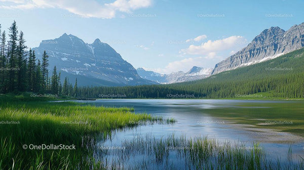 Serene Alpine Lake with Majestic Snow-Capped Mountains