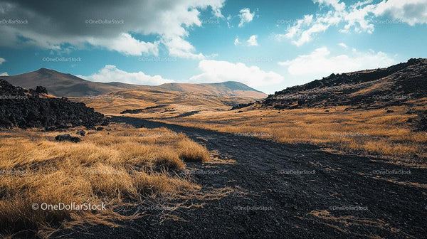 Scenic Mountainous Landscape with Grassy Plains and Volcanic Rocks