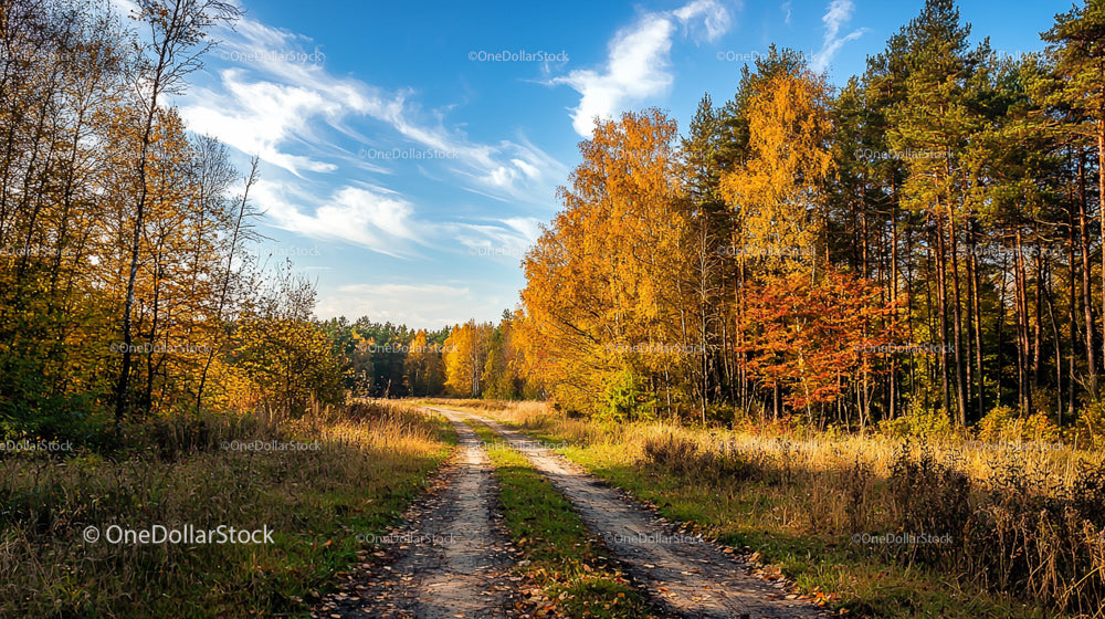 Autumn Forest Path with Vibrant Golden Foliage