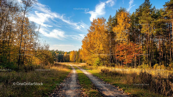 Autumn Forest Path with Vibrant Golden Foliage