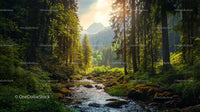 Tranquil Forest Stream with Mountain Backdrop