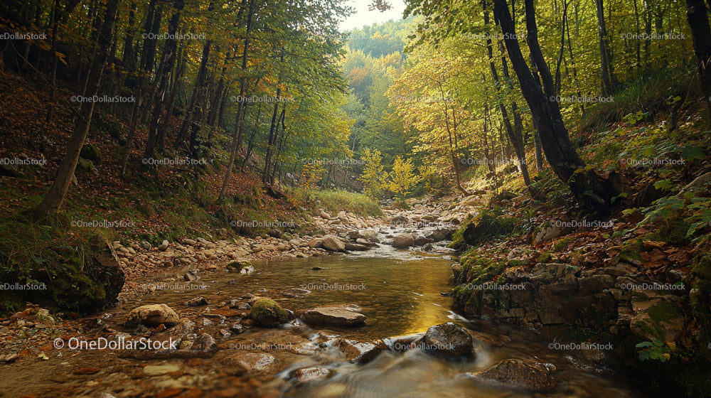 Autumn Forest Stream Flowing Through Lush Foliage