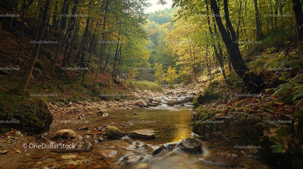Autumn Forest Stream Flowing Through Lush Foliage