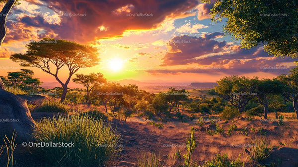Stunning African Savannah Sunset with Acacia Trees