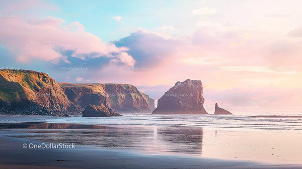 Rocky Cliffs and Pink Sunset Over Serene Ocean