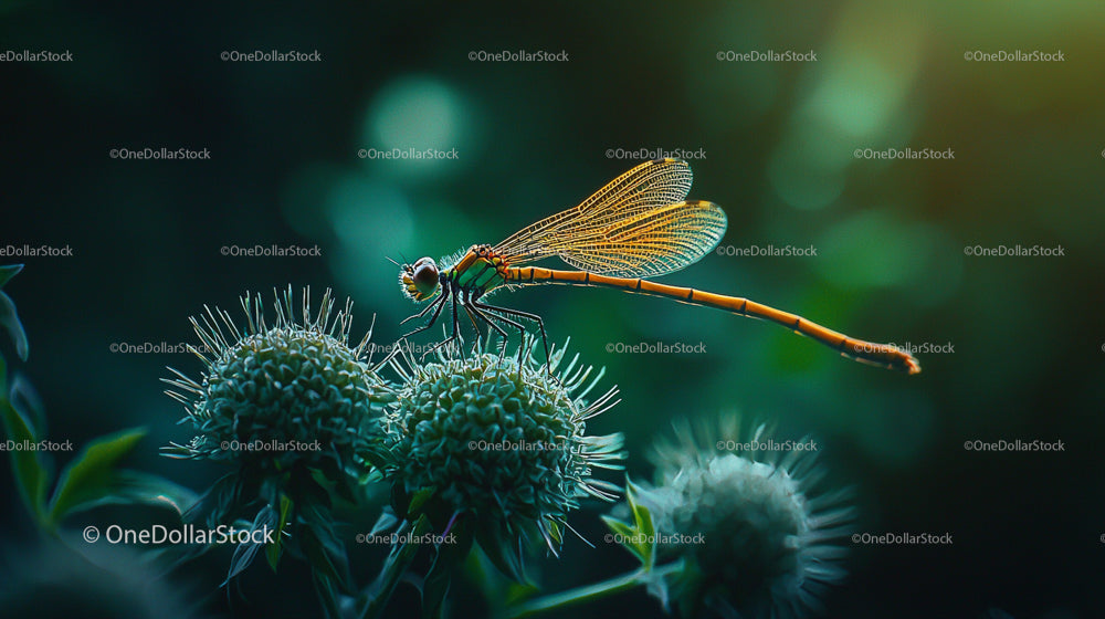 Dragonfly Resting on Echinops Flower in Lush Greenery