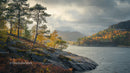 Autumnal Coastal Landscape with Pine Trees and Dramatic Sky