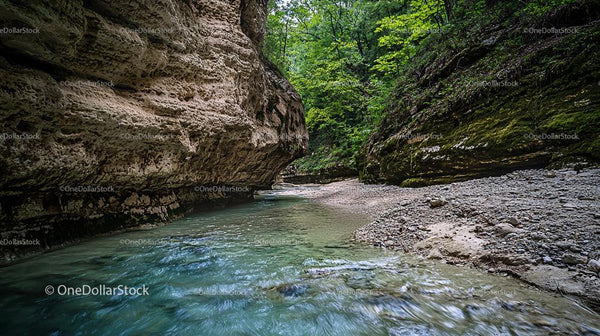Turquoise River Flowing Through Rocky Canyon with Lush Foliage