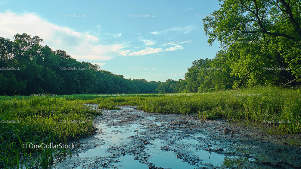 Serene Meadow by a Tranquil River under a Bright Blue Sky