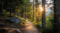 Sunlit Forest Trail with Lush Greenery at Sunset