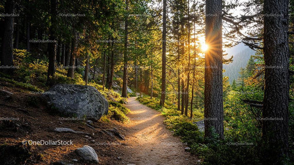Sunlit Forest Trail with Lush Greenery at Sunset