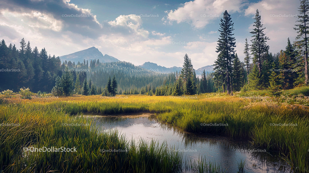Idyllic Mountain Meadow with Pristine Pond and Forest