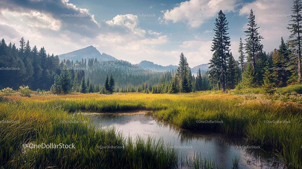 Idyllic Mountain Meadow with Pristine Pond and Forest