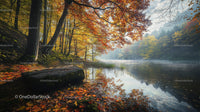 Misty Autumn Morning by a Serene Lake with Vibrant Foliage