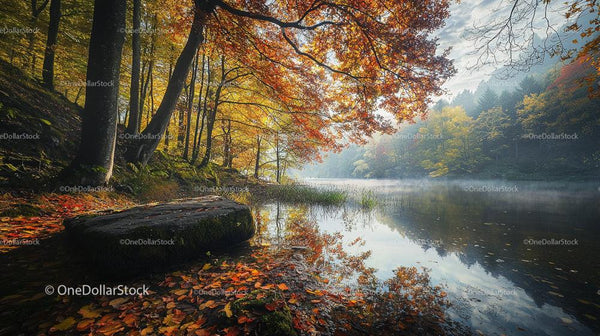 Misty Autumn Morning by a Serene Lake with Vibrant Foliage