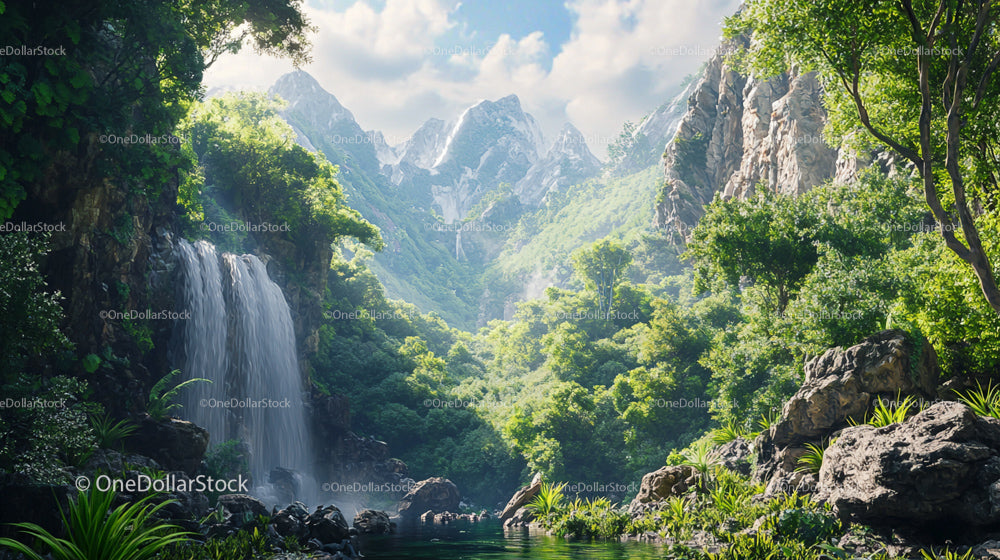 Lush Mountain Landscape with Waterfall and Greenery