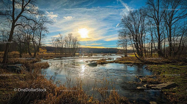 Tranquil River Scene at Sunset with Bare Trees