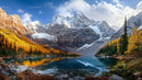 Serene Alpine Lake with Snow Capped Peaks and Autumn Foliage