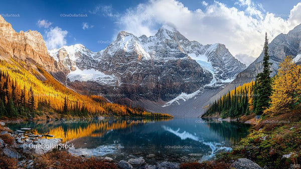 Serene Alpine Lake with Snow Capped Peaks and Autumn Foliage